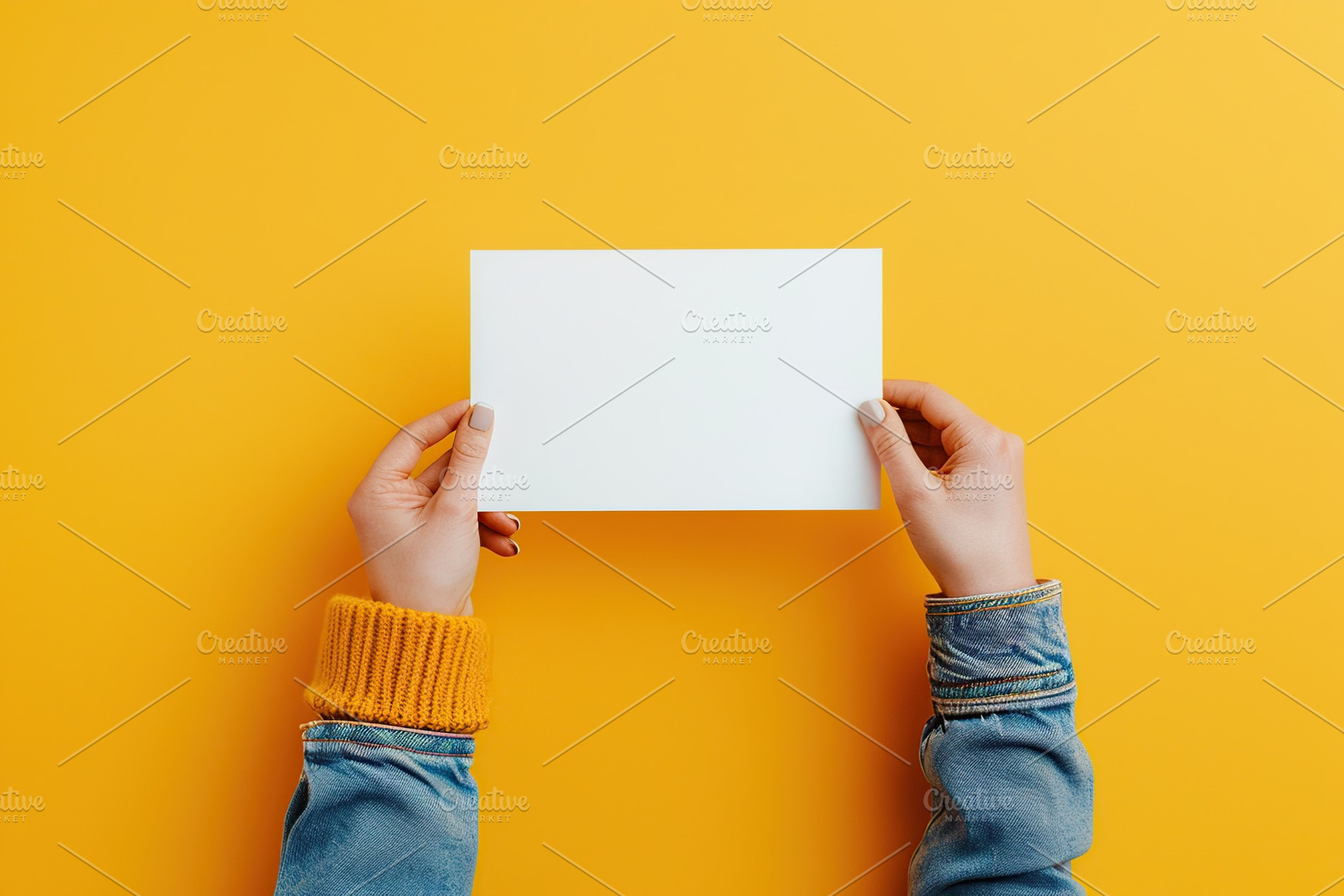 Female hands with blank paper card on yellow background, a Photo by AlyaAnd