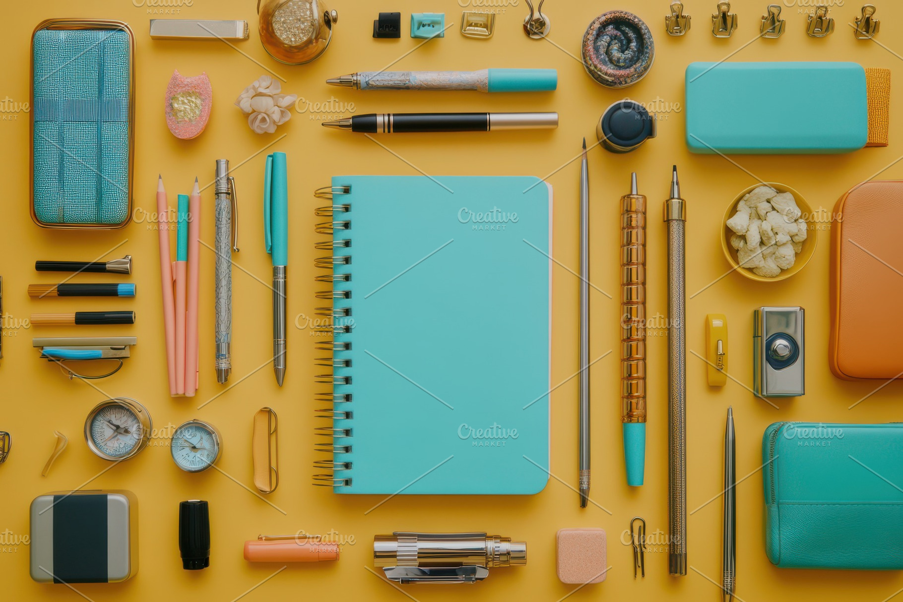 Teal Notebook Surrounded by Statione, an Abstract Photo by Pixeness Studio