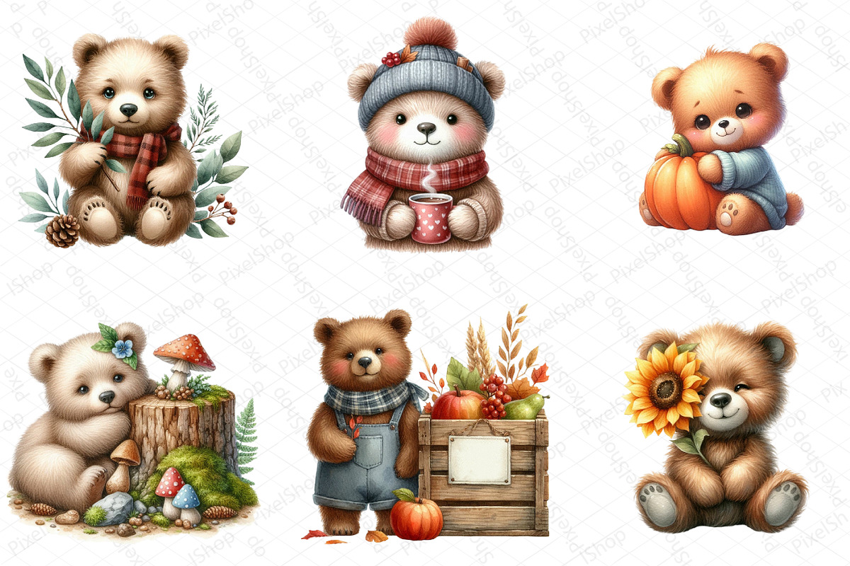 Watercolor Autumn Bear Clipart, an Illustration by DreamPrint404 (Photo 3 of 6)