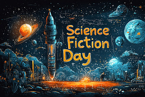 Science Fiction Day Celebration With Rocket Spaceship And Planets