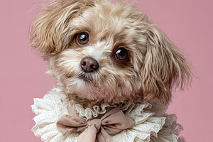 Cute small dog wearing a frilly lace outfit with a bow, sitting, an Animal Photo by Ales Munt