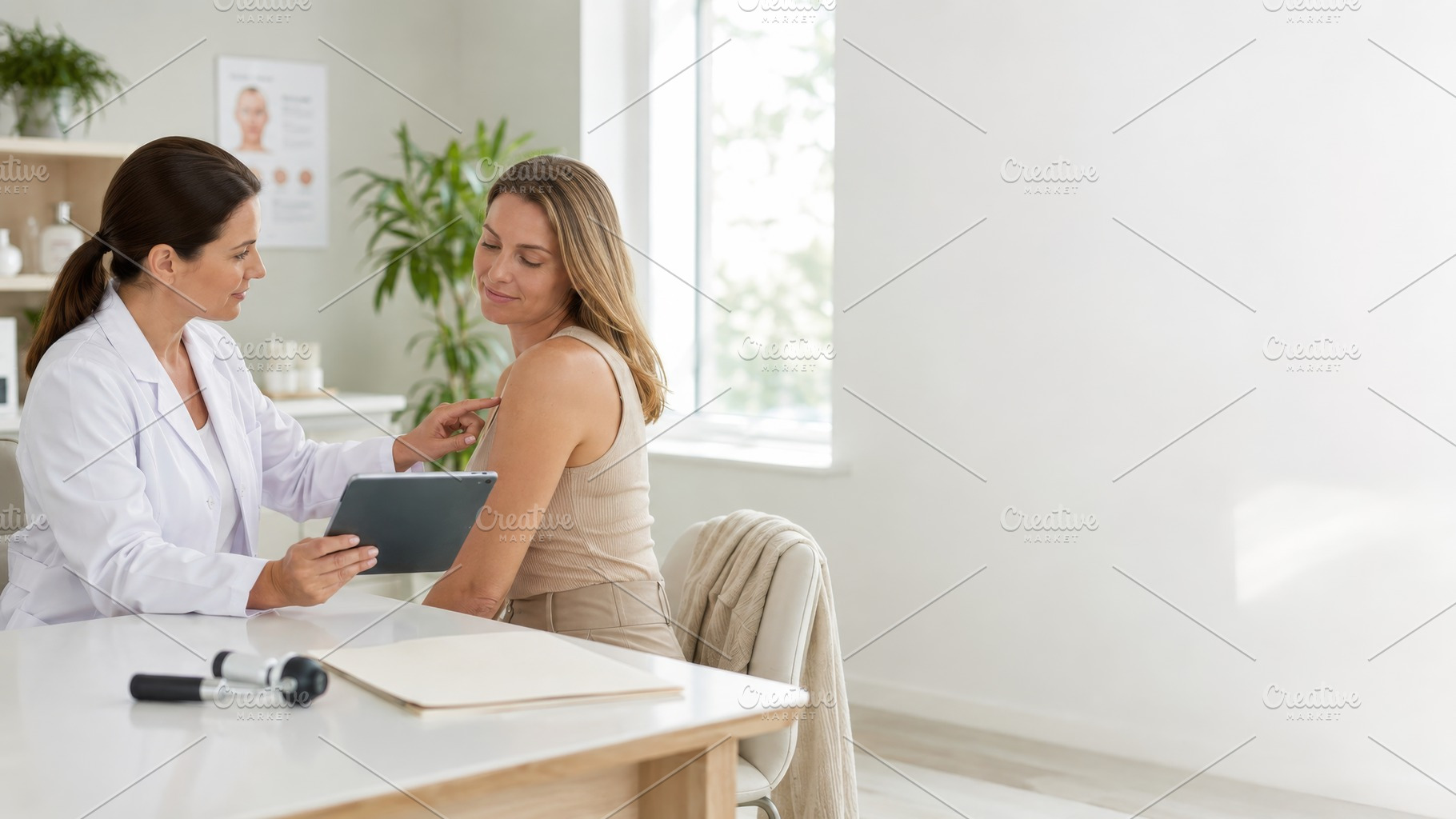 Doctor consults woman indoors on ski, a Photo by Dvoevnore photos
