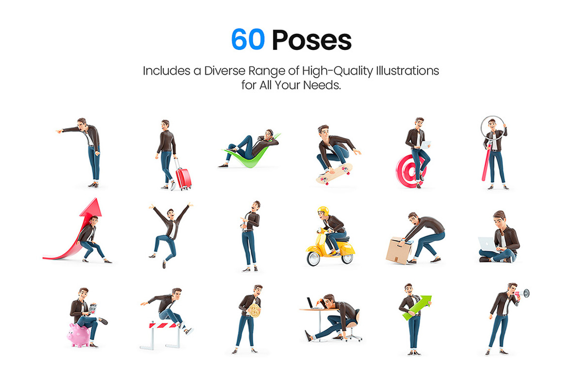 Cartoon Man – Set of 60 Poses, a Person Illustration by 3DMask (Photo 3 of 6)