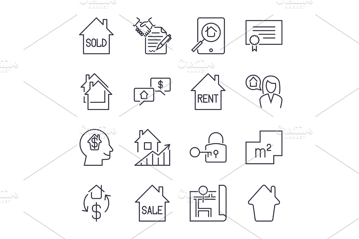 Real estate thin line art icons set, an Illustration by defmorph