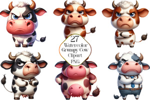 Watercolor Funny Grumpy Cow Clipart, an Illustration by CraftArtStudio