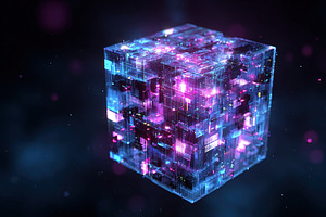 Glowing digital cube with vibrant neon blue and pink lights, flo, an Abstract Photo by Ales Munt