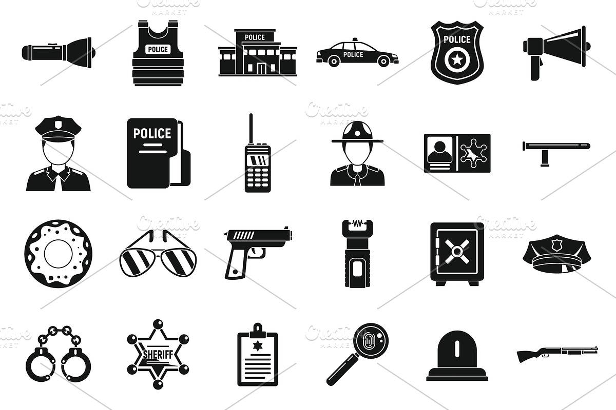 Police station security icons set, a Person Illustration by Ylivdesign
