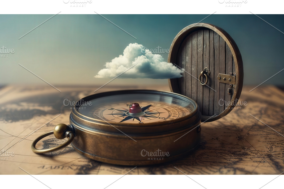 Vintage brass compass on an old map, an Illustration by tilialucida