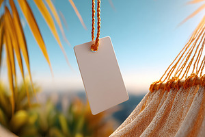 Mock-up tag hanging from fabric edge in a sunny outdoor setting with a tropical, a Background Photo by AlyaAnd