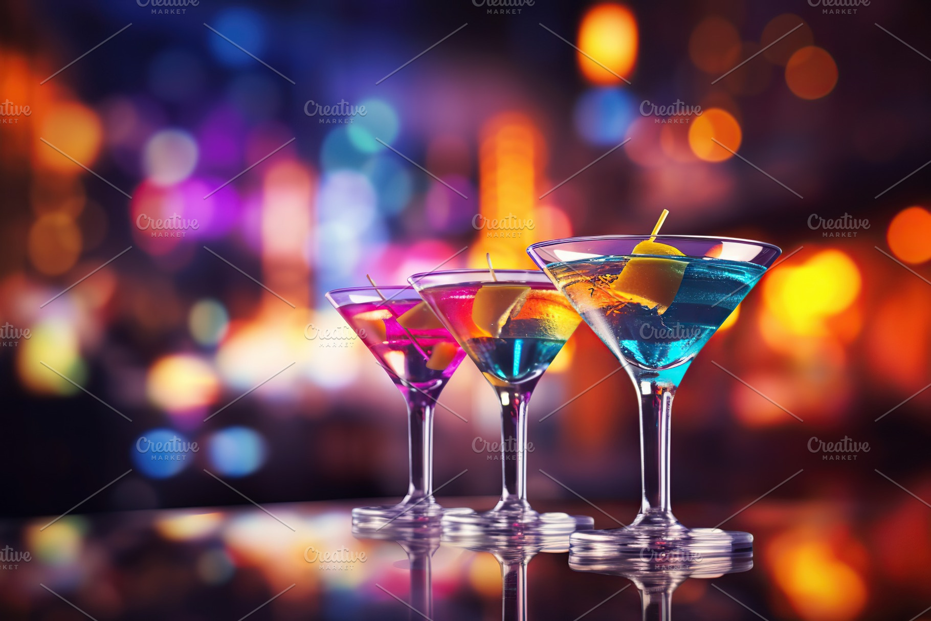 Alcohol martini cocktail in glasses on blurred background, a Food & Drink Photo by AlyaAnd