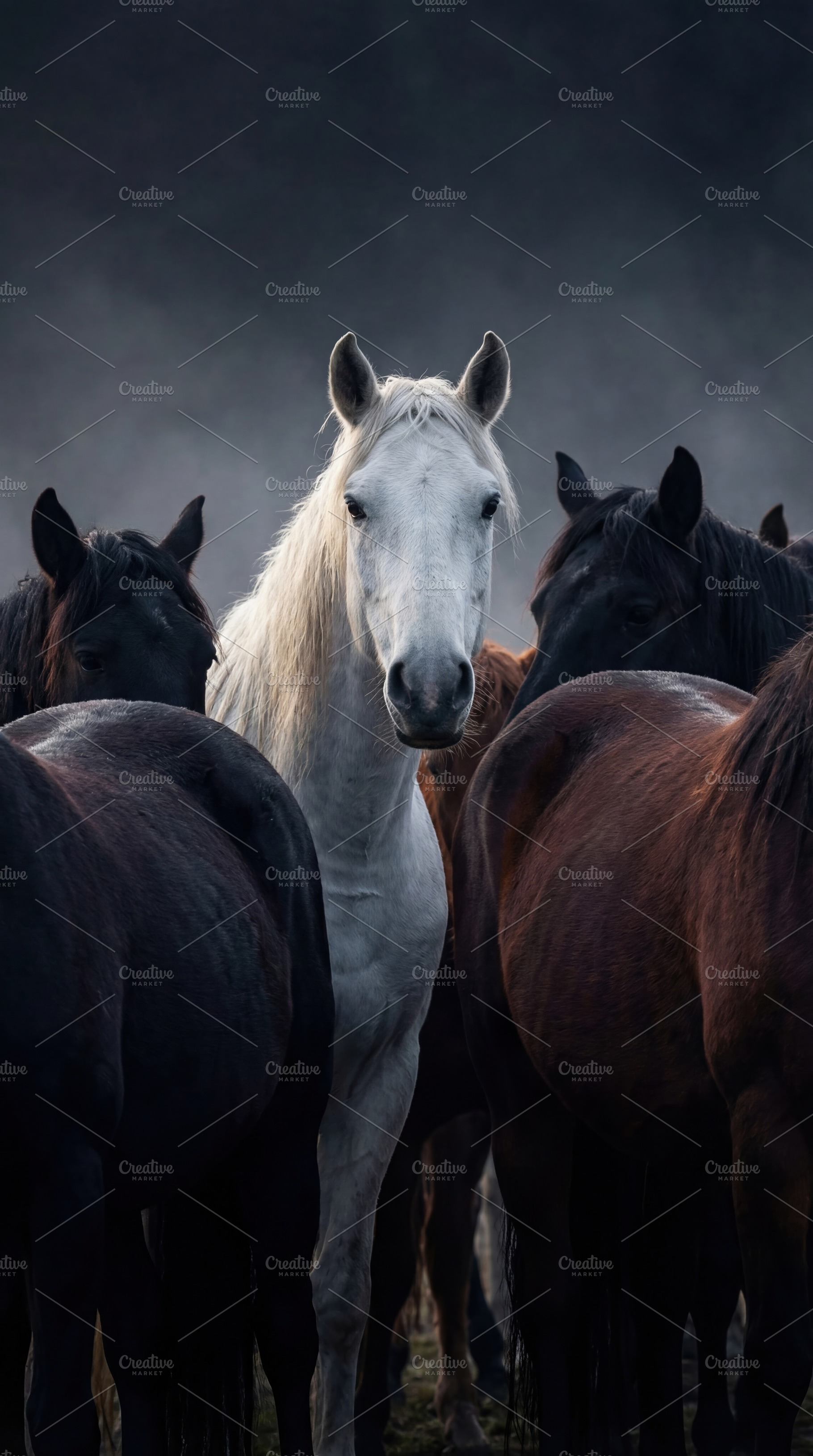 White Horse Among Dark Horses, an Animal Photo by Virgo Studio