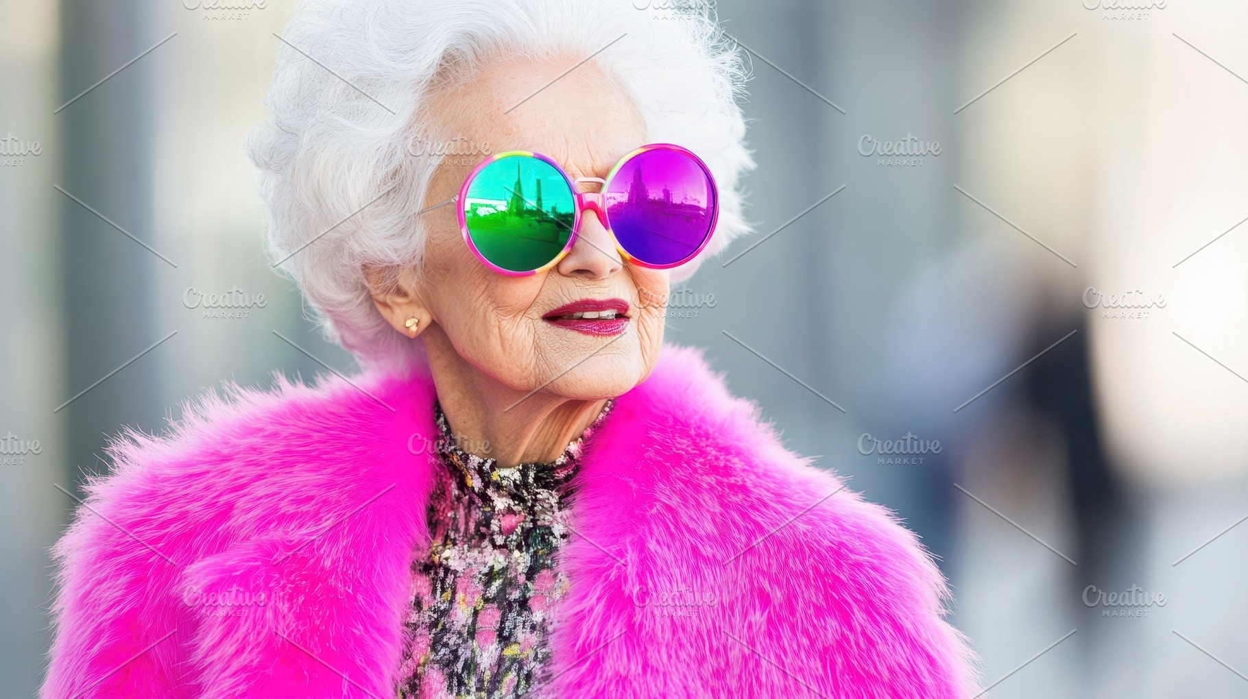 An older woman with white hair, oversized pink sunglasses, and a vibrant pink f, a Person Photo by Mashimara