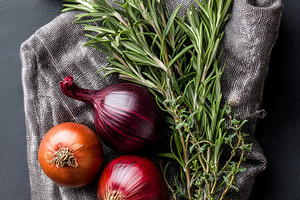 Top view of fresh onions and herbs, a Food & Drink Photo by MistyDay
