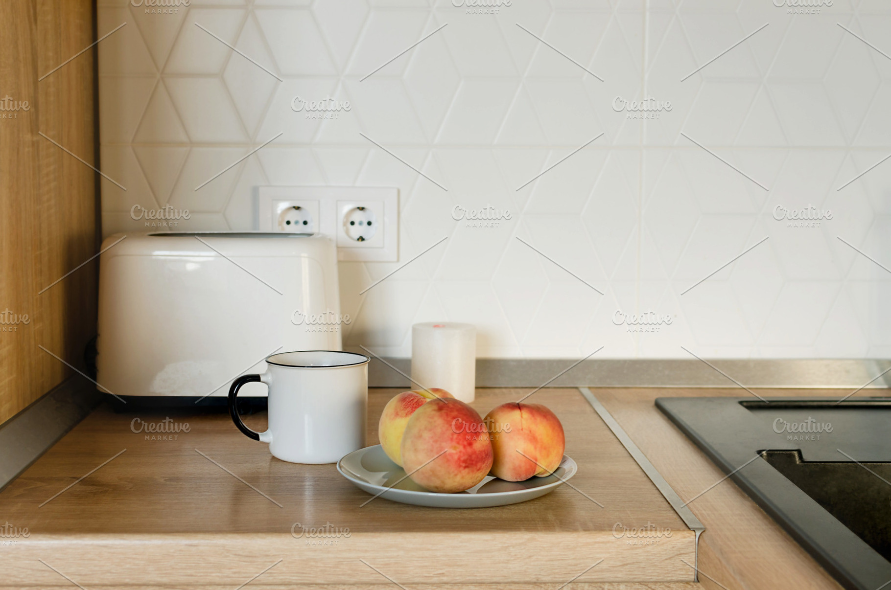 Fresh peach and mug tea for breakfast on the wooden table., a Photo by vimart