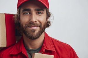 Smiling Caucasian male delivery worker in a red uniform, holding packages and r, a Person Photo by ImageMir