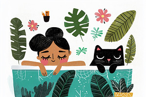 A relaxed woman taking a bath, an Illustration by Sybillla