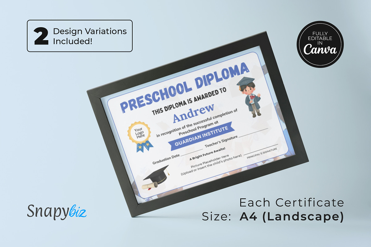 Preschool Graduation Diploma Canva, a Card Template by Snapybiz (Photo 4 of 7)