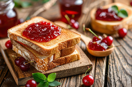 Toast breads with sweet cherry jam on wooden table, a Food & Drink Photo by AlyaAnd