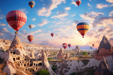 Hot air balloons flying over valley, a Photo by Iftikhar Alam