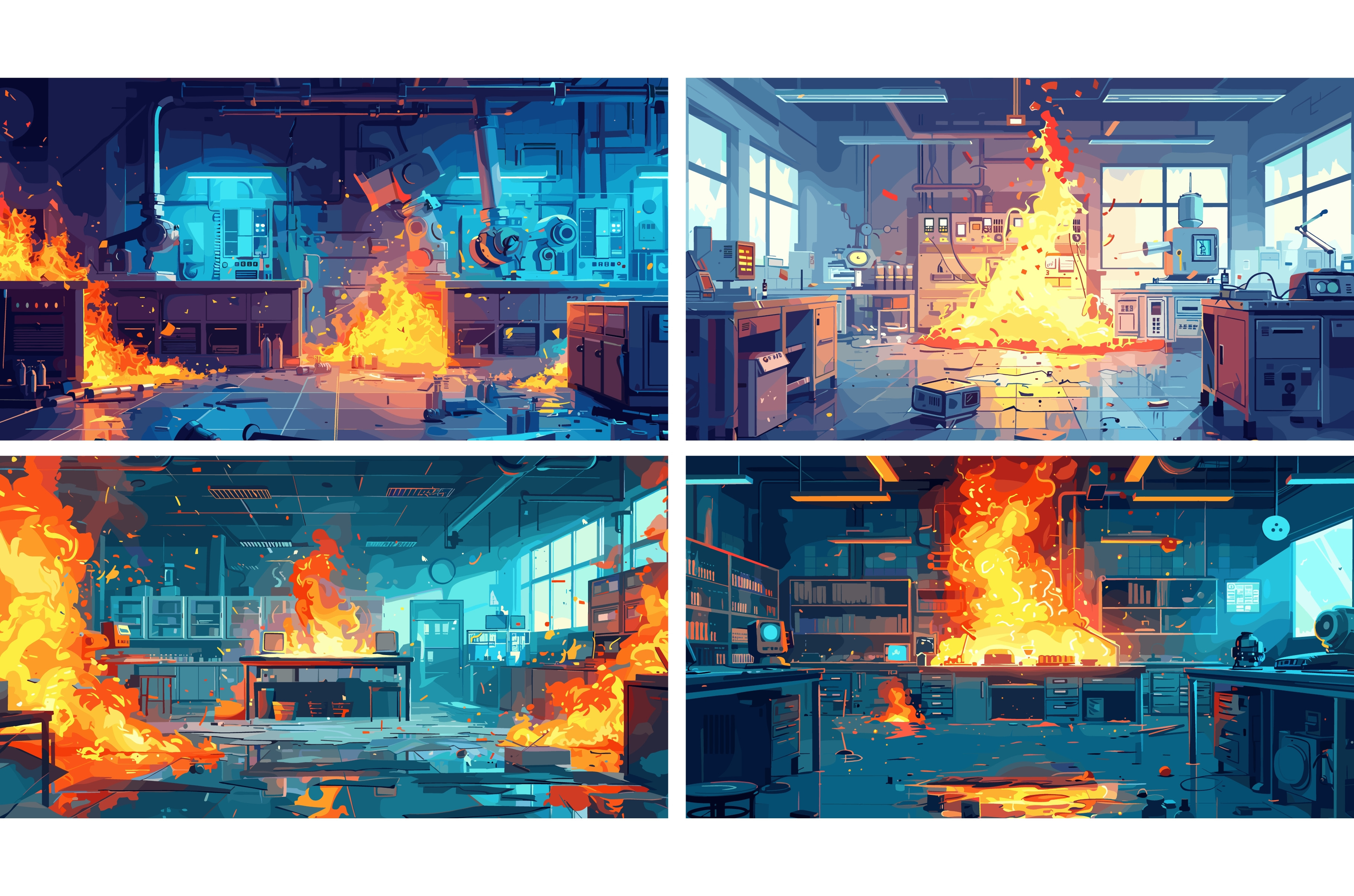 Research lab fire incident cartoon, an Illustration by Onyx