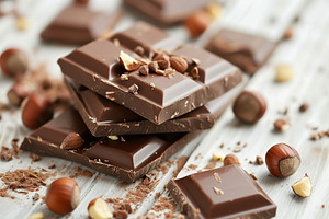 Sweet chocolate pieces with hazelnuts on wooden background, a Food & Drink Photo by AlyaAnd