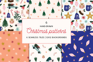 6 Hand drawn Christmas patterns
