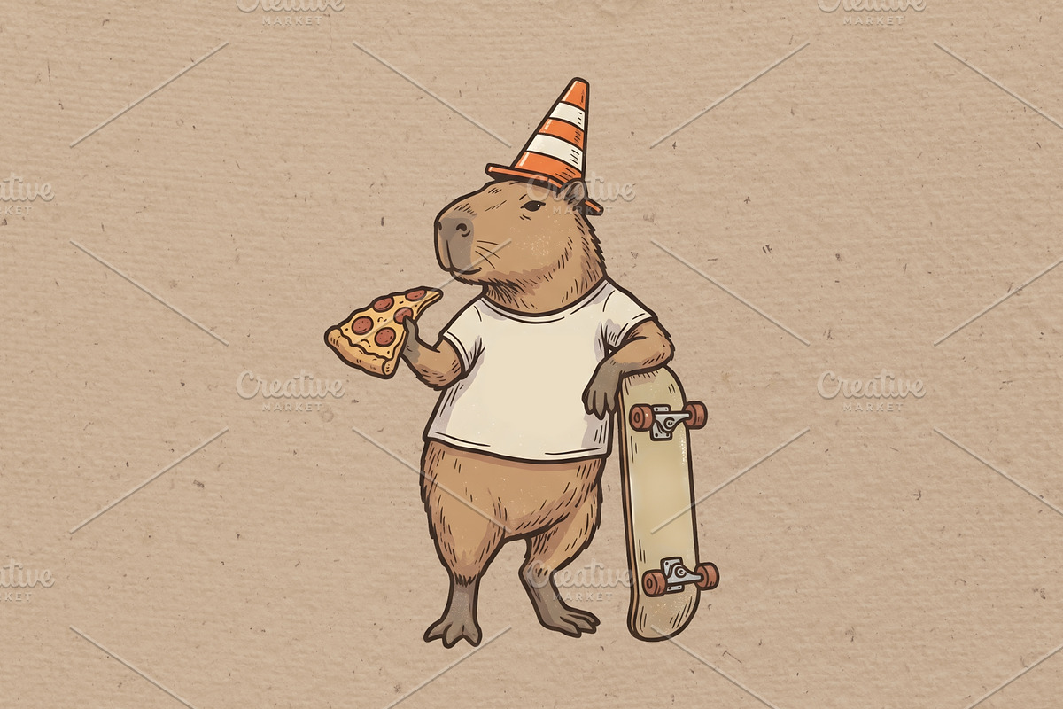 Capybara eating pizza skateboarding, an Animal Illustration by Vectorlina (Photo 1 of 4)