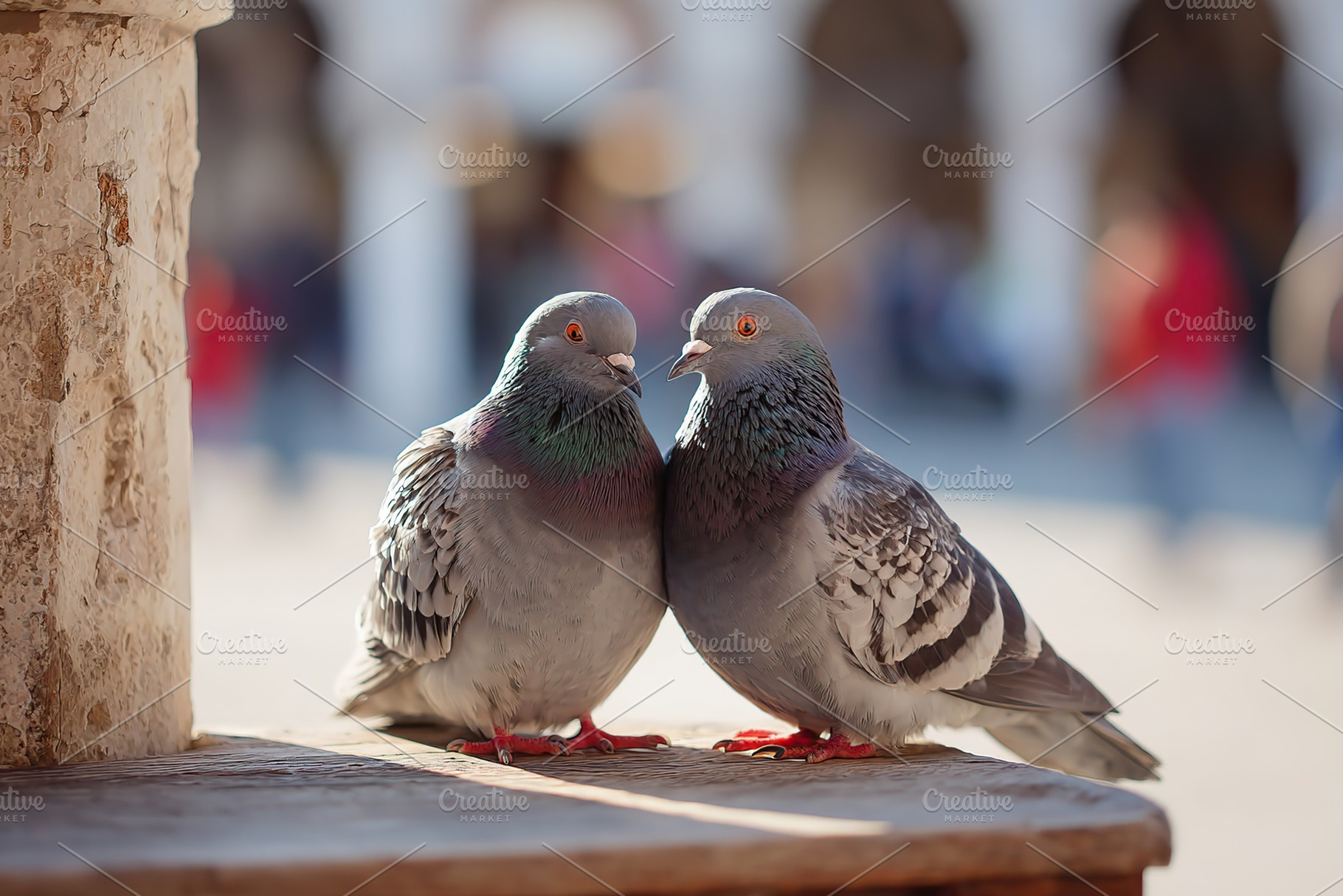 Two pigeons close together on a sunny day in a bustling city square, an Animal Photo by AlyaAnd