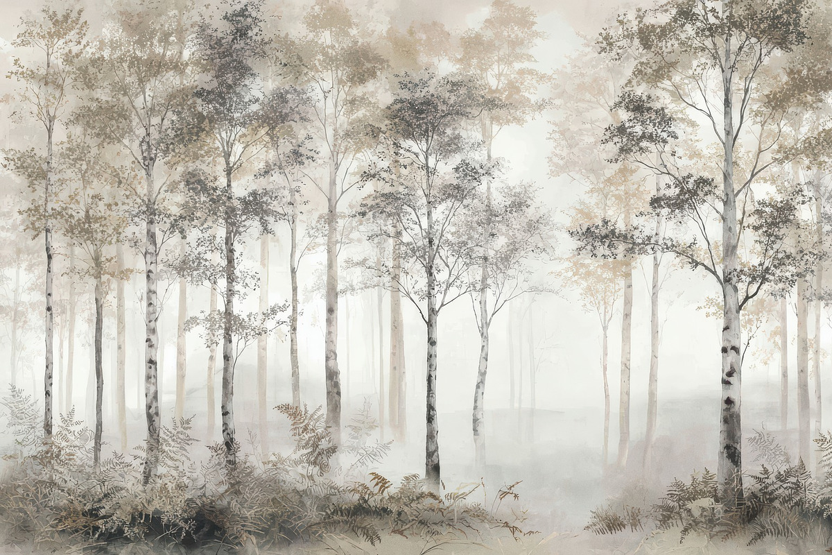 Ethereal Birch Tree Forest Wallpaper, a Decorative Illustration by Virgo Studio