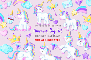 Watercolor Unicorn Clipart PNG Set, an Animal Illustration by MiracleArtAndDesign