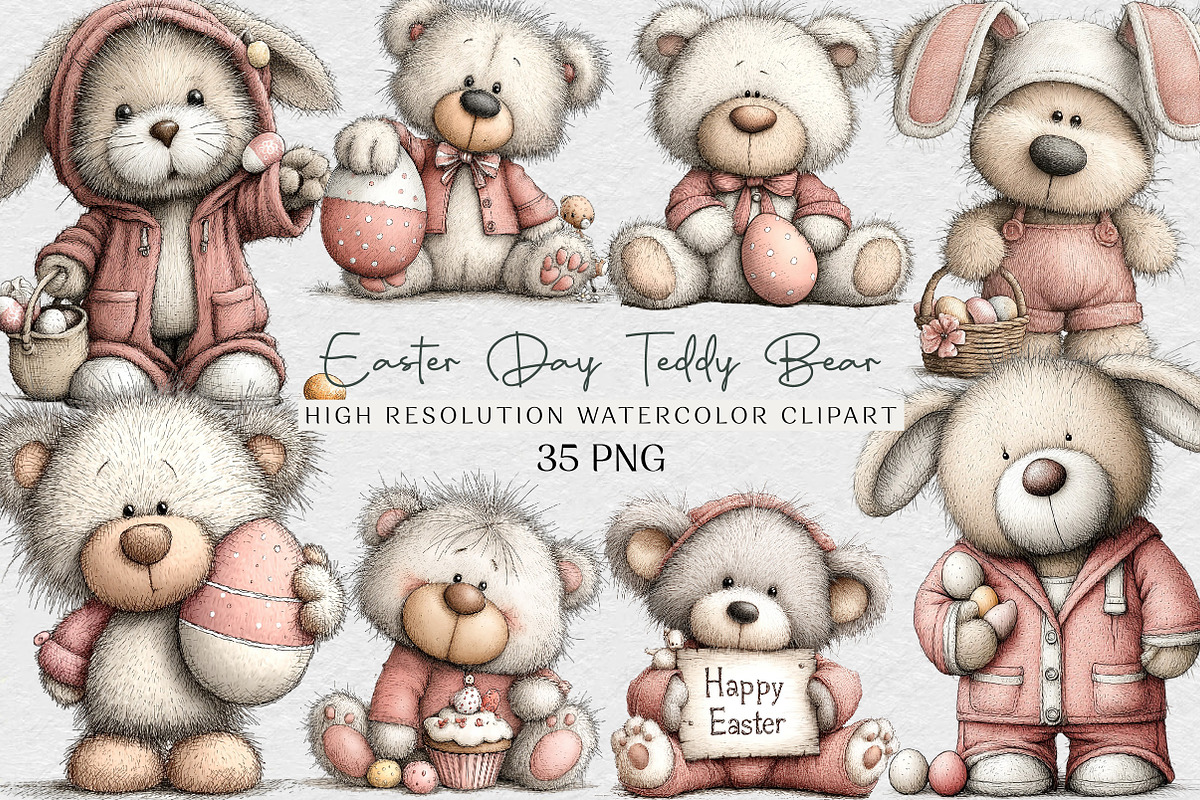 Easter Day Teddy Bear Clipart, an Illustration by DreamCafeArt (Photo 1 of 6)