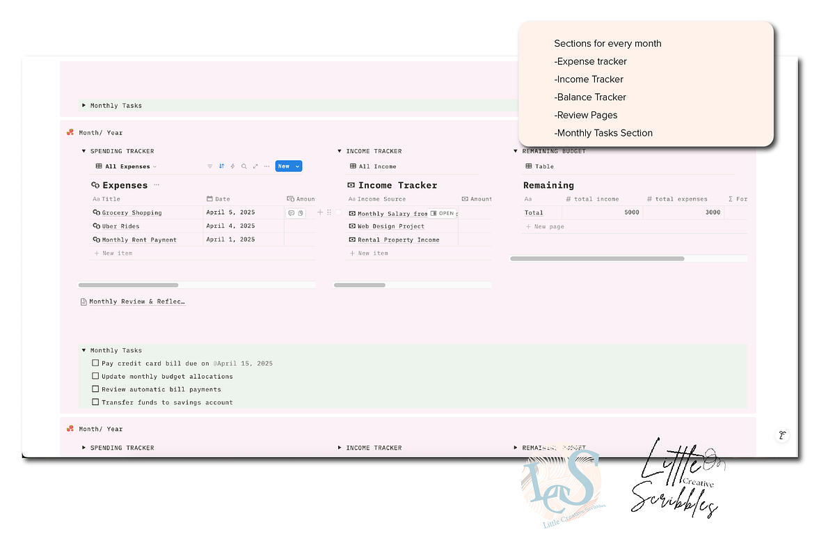 Notion Finance Tracker Template, a Landing Page Template by Little Creative Scribbles (Photo 4 of 7)