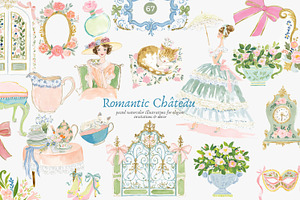 Romantic château watercolor clipart, a Decorative Illustration by Patishop Art