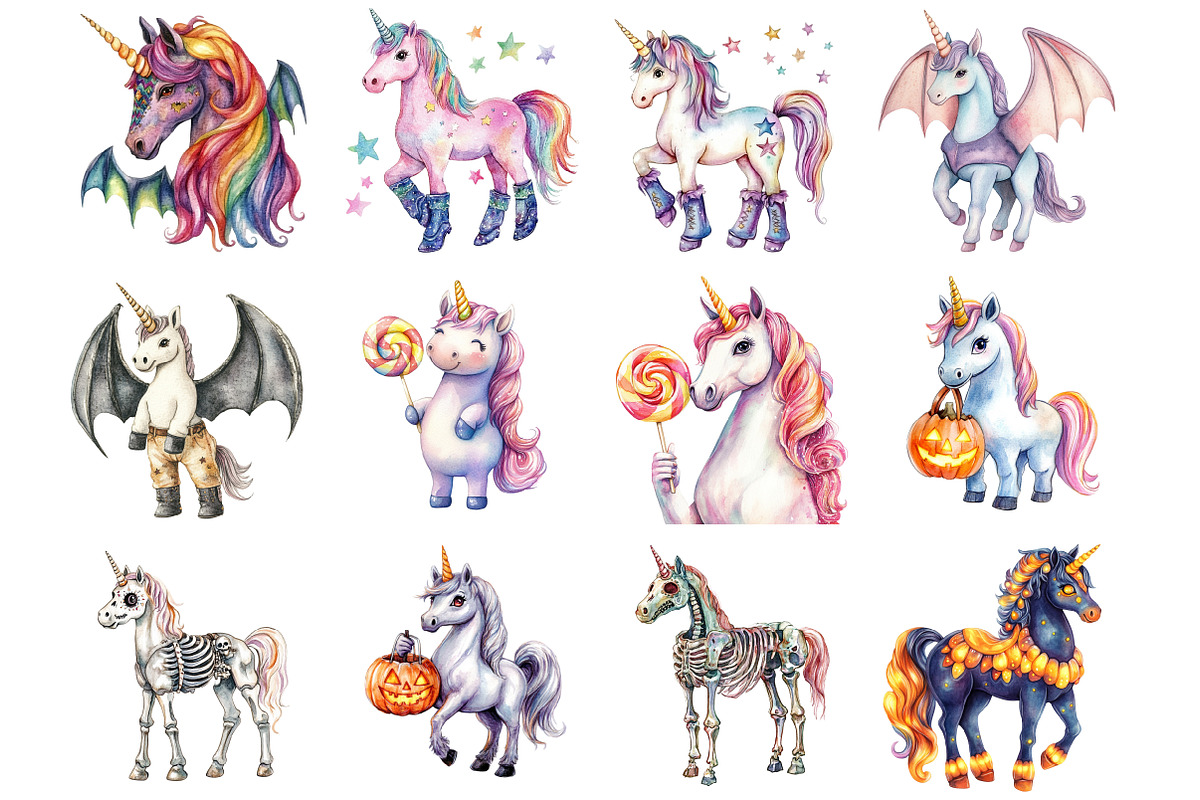 Halloween Retro Unicorn Clipart, an Illustration by Design Market (Photo 3 of 3)