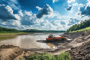Riverbank excavation work on a sunny, a Photo by Tanuart