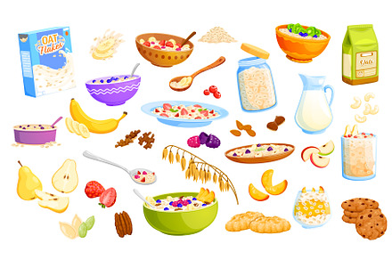 Cartoon oatmeal food, oatmeal dishes