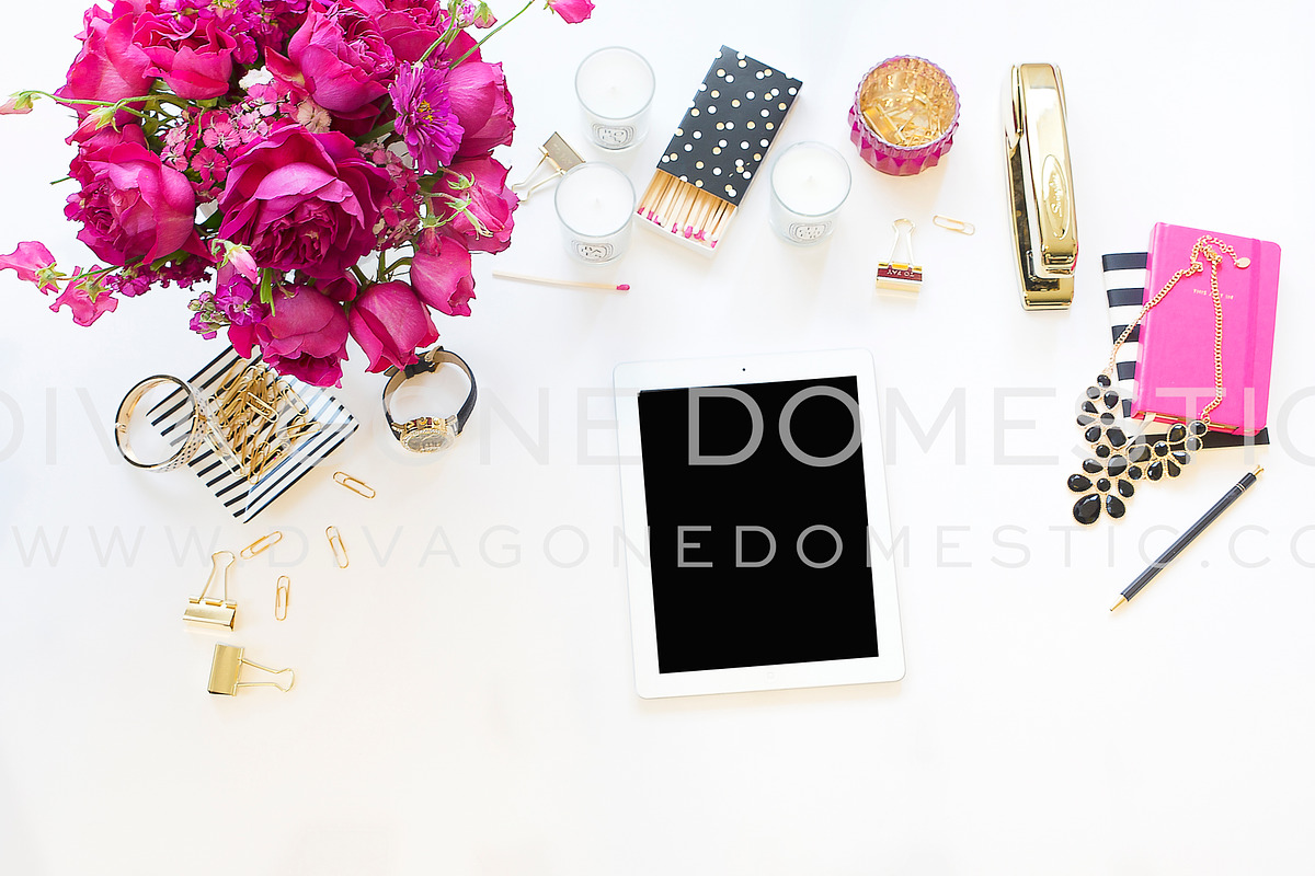 iPad Hot Pink Black Desktop 2, a Books & Magazine Mockup by avenuetwentyone