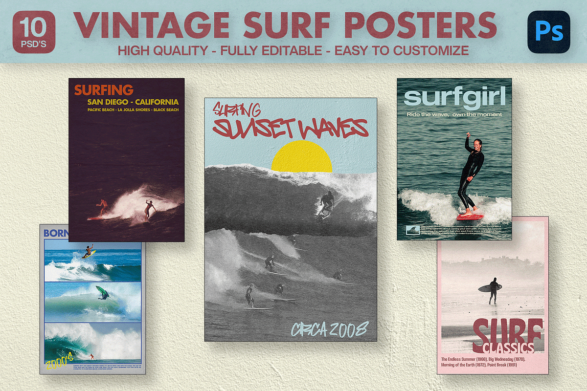 Vintage Surf Posters – Editable PSDs, a Branding & Logo Template by Golden Vision Studio (Photo 1 of 7)