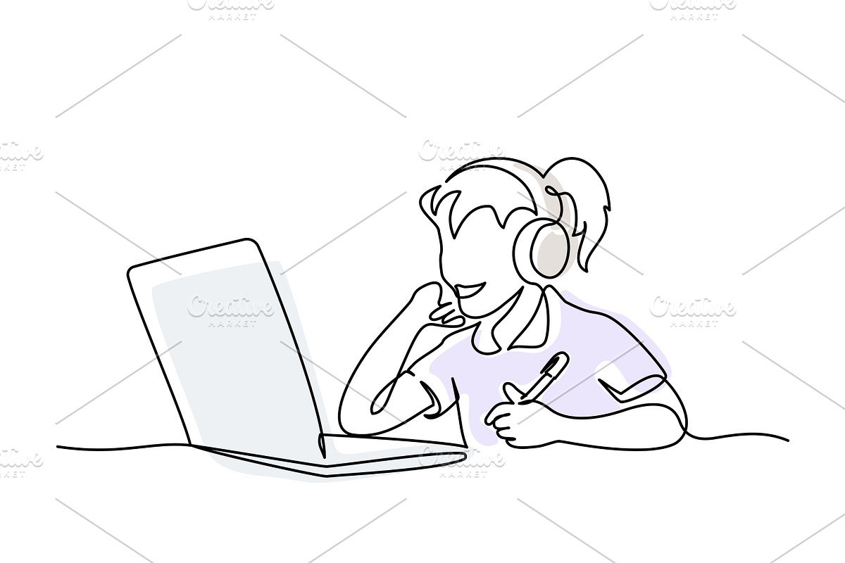 Happy girl using laptop for, a Person Illustration by Valenty