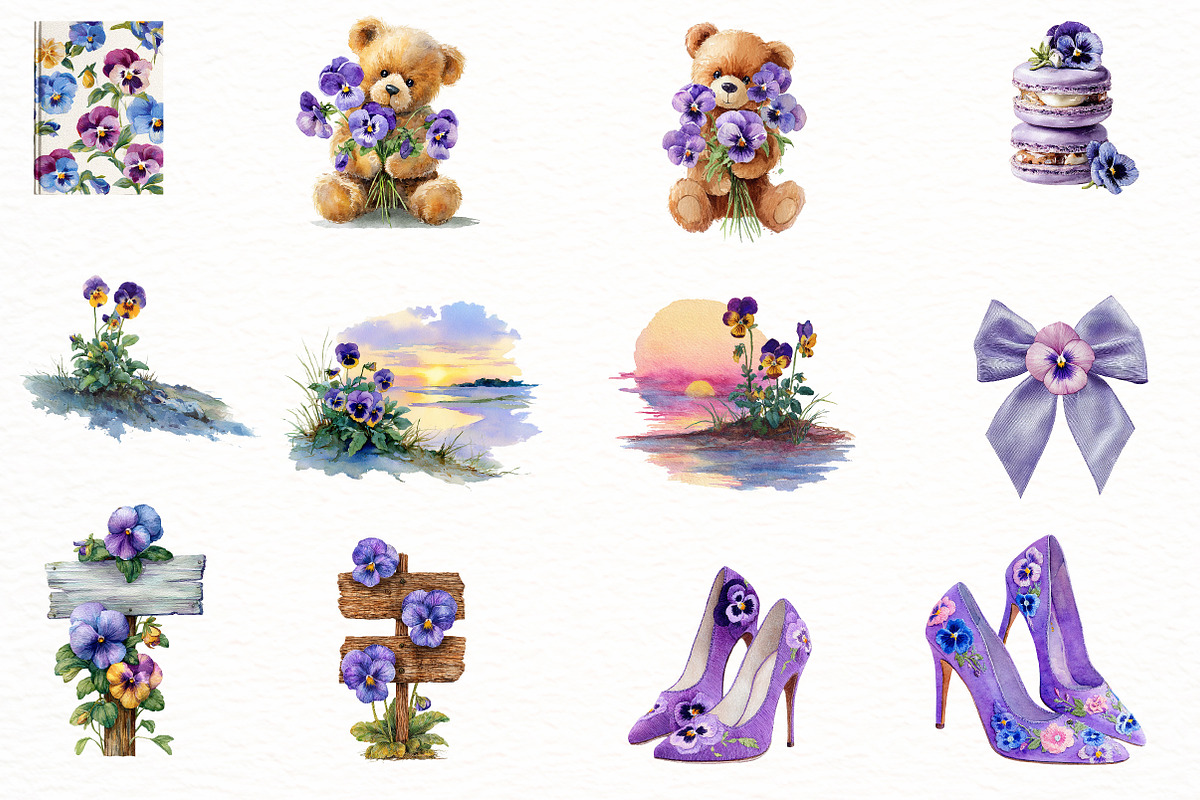 Watercolor Floral Pansies Clipart, an Illustration by Designworld (Photo 2 of 6)