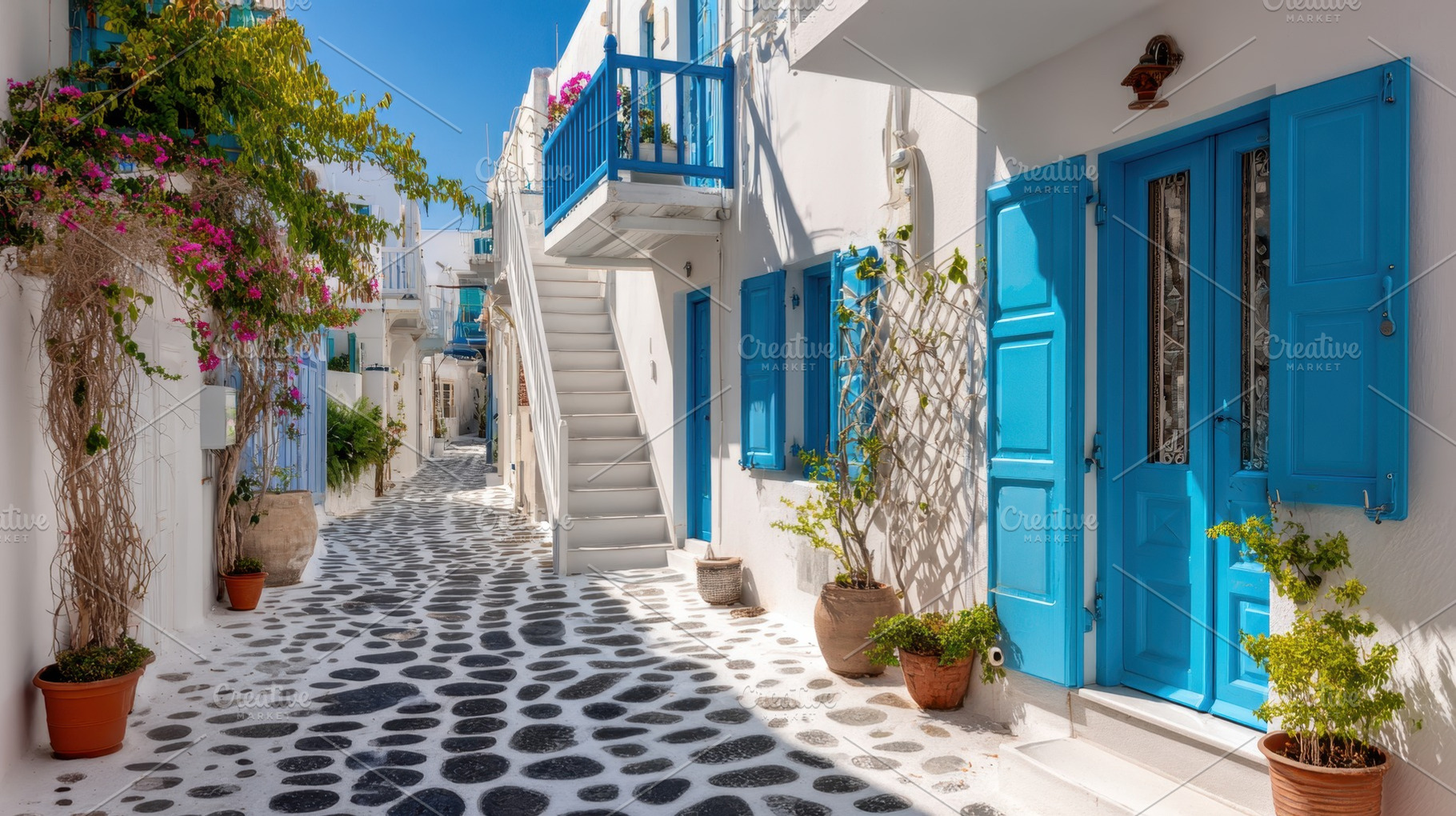 Charming narrow street in Santorini, a Photo by Beautiful things