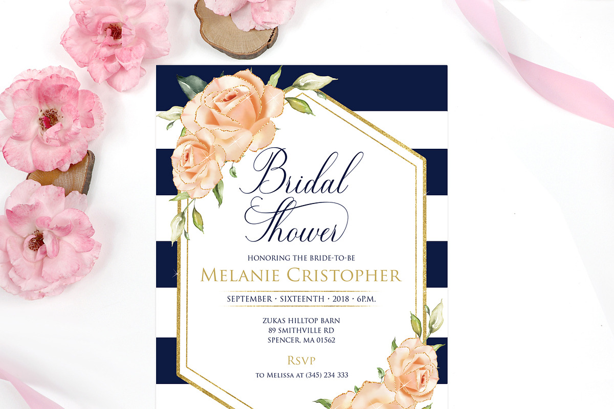 Navy Rose gold Roses Bridal Shower, an Invitation Template by DreamsClipArt (Photo 2 of 2)