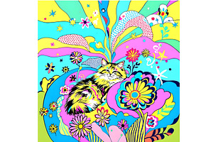 Cat in a Dream Retro 70s, an Animal Illustration by Sharon Schwalbe