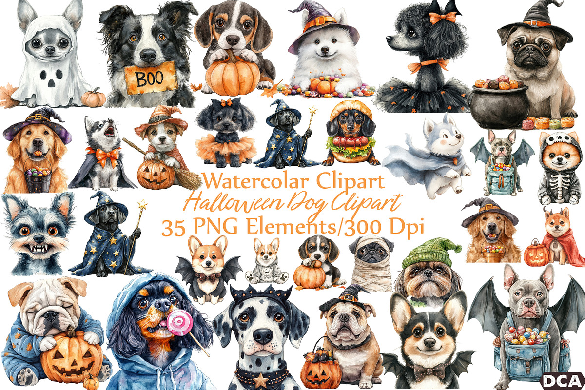 Watercolor Halloween Dog Clipart, an Illustration by DreamCafeArt (Photo 1 of 7)