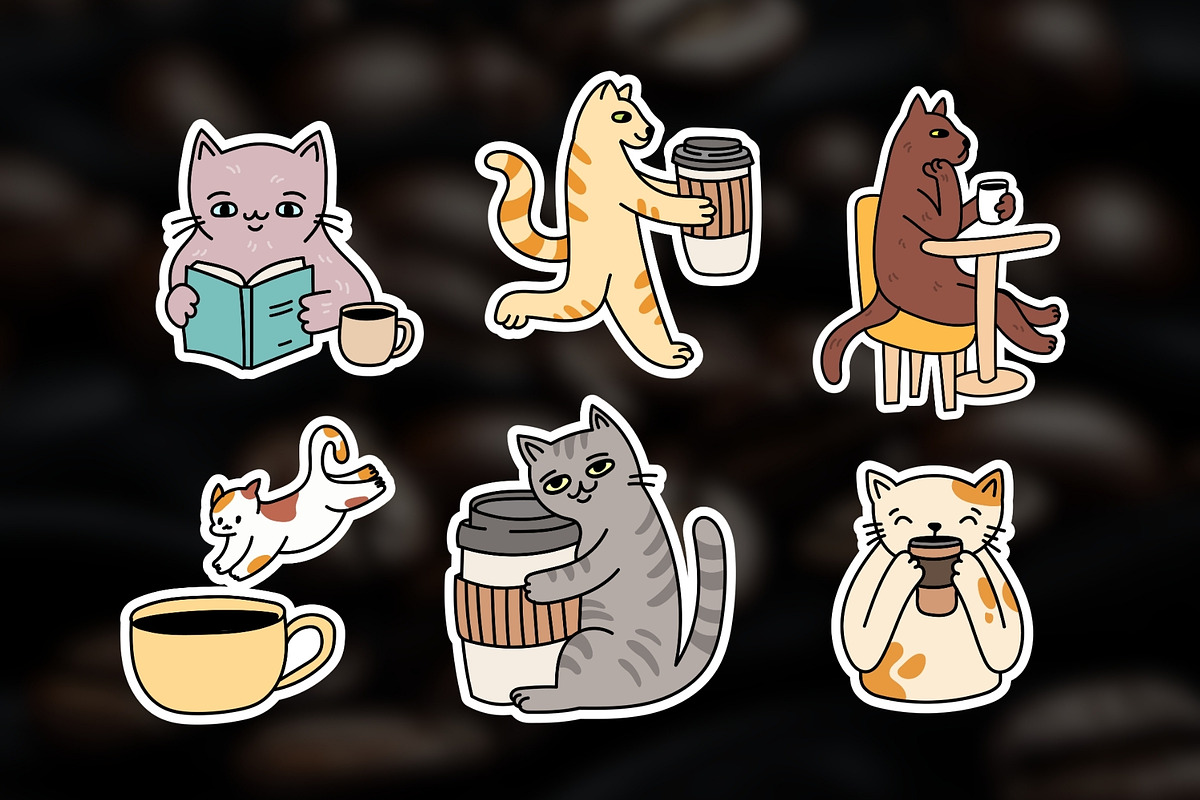 22 Hand Drawn Cats & Coffee Stickers, a Food Illustration by Kristina Chistiakova (Photo 6 of 7)