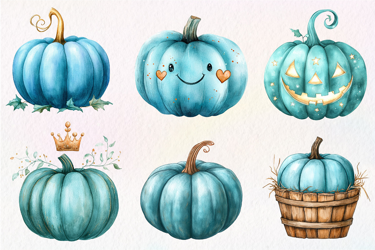 Watercolor Teal Pumpkins Clipart, an Illustration by CreationArt (Photo 5 of 5)