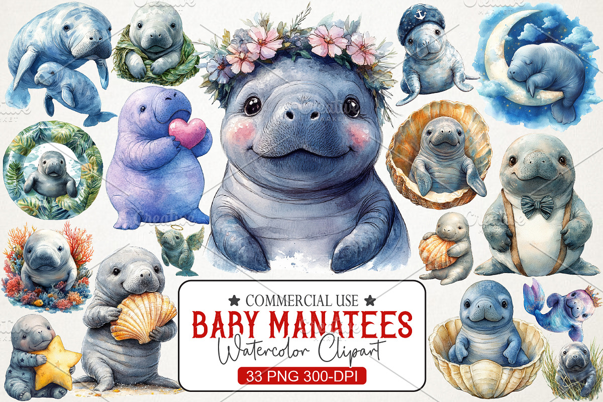 Cute Baby Watercolor Manatees Clipar, an Illustration by RobertsArt (Photo 1 of 7)