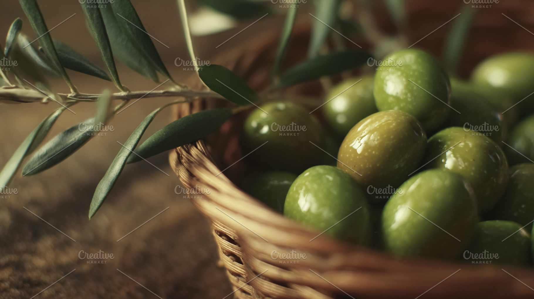 Green olives in a wicker basket with olive branch, symbolizing h, a Photo by Studio ANNA