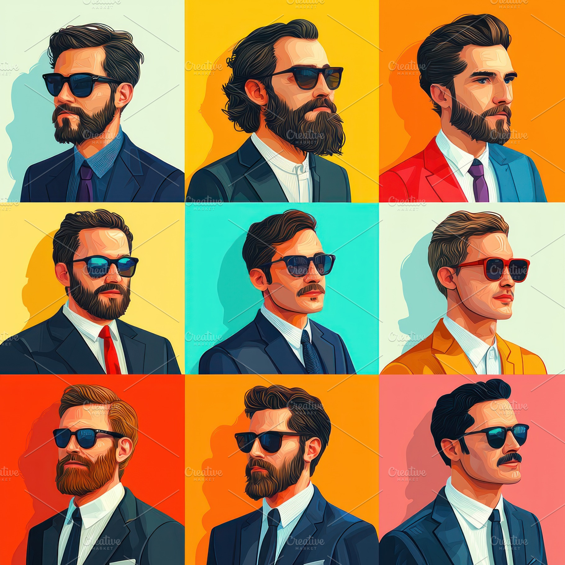 Stylized portraits of fashionable men in suits wearing sunglasse, a Person Photo by José Manuel Gelpi