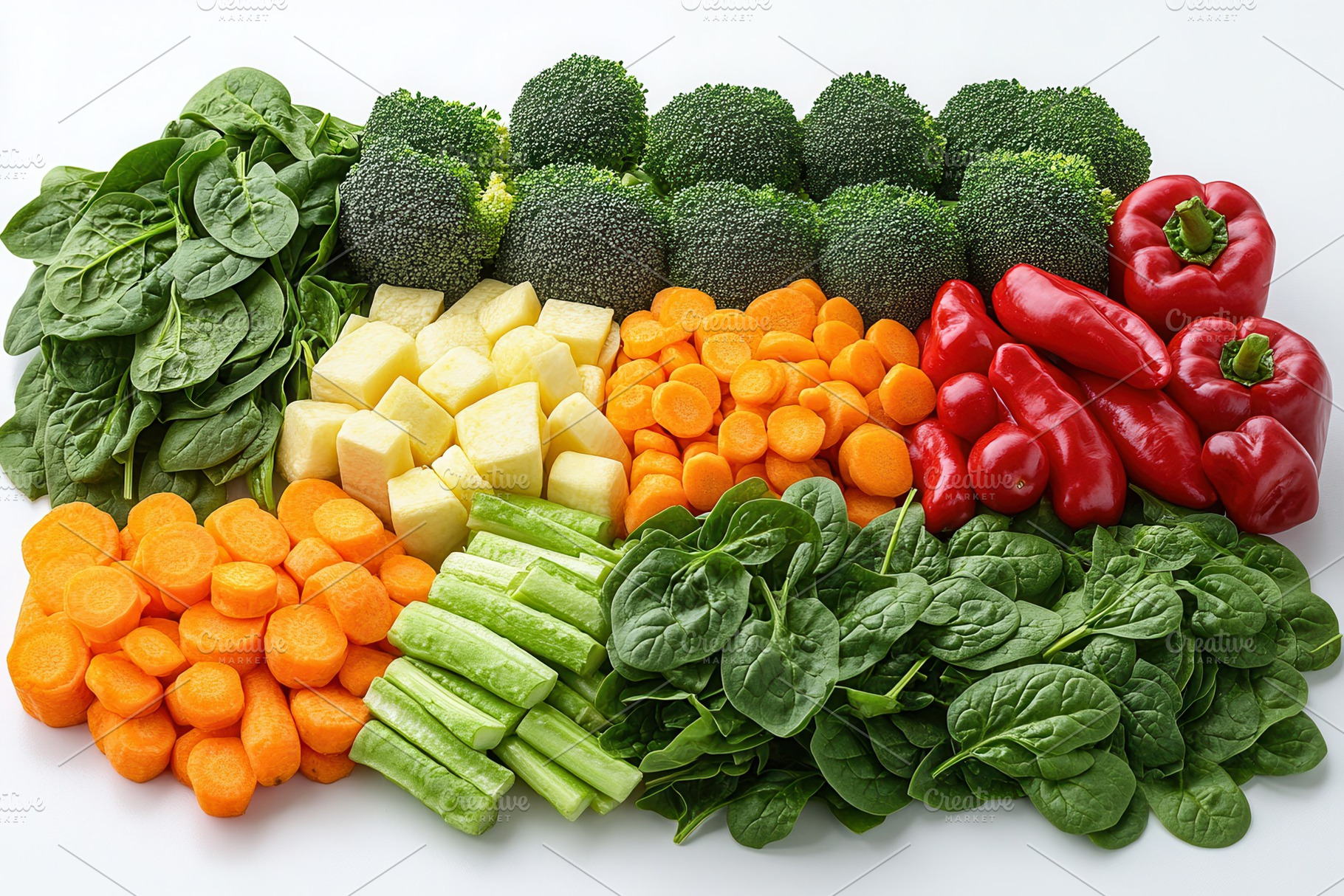 Freshly cut vegetables laid out on a, a Photo by Tanuart